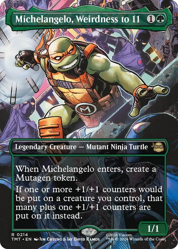 Michelangelo, Weirdness to 11 (Borderless) 214 card from Teenage Mutant Ninja Turtles