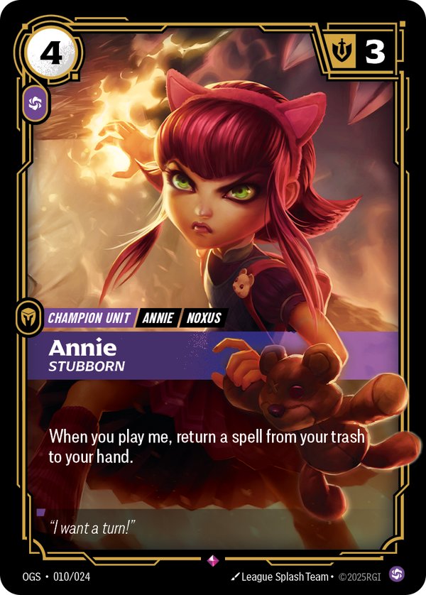 Annie - Stubborn 010/024 card from Riftbound Organized Play Promotional Cards