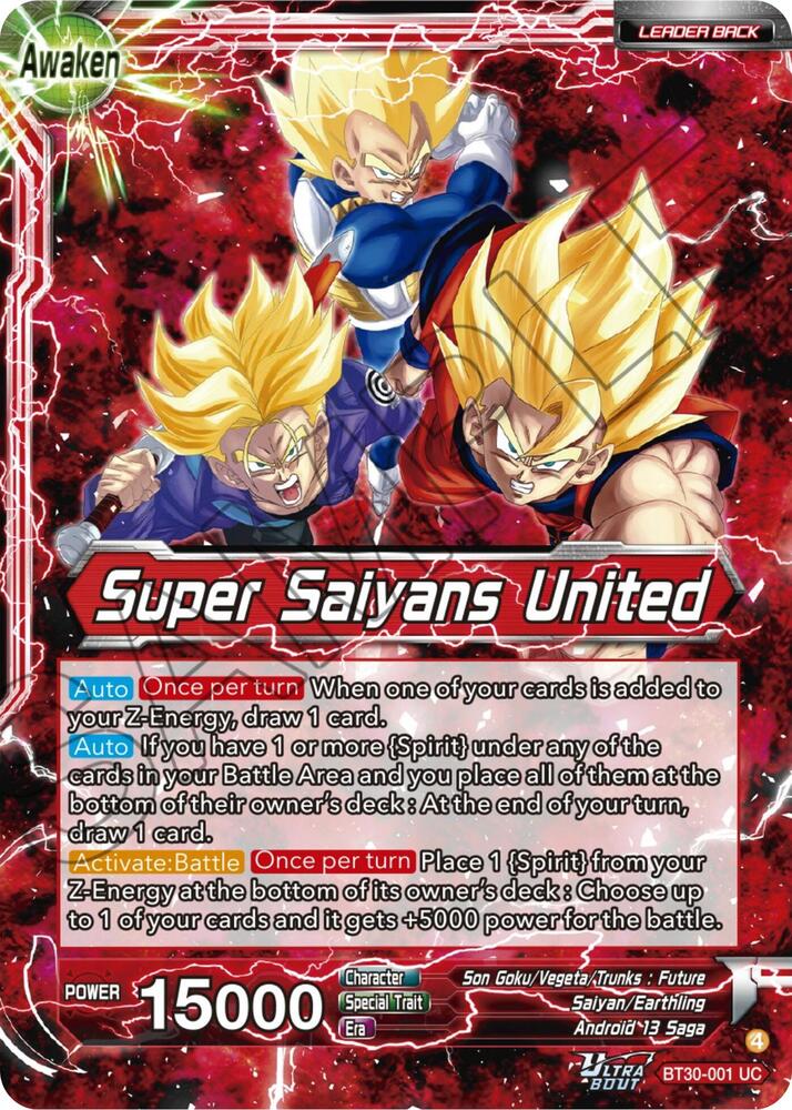 Son Goku, Vegeta, & Trunks // Super Saiyans United BT30-001 card from Three Glorious Fighters