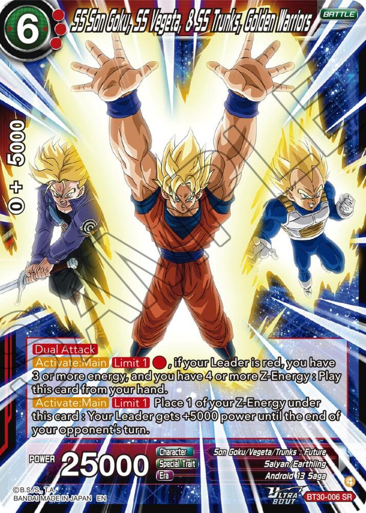 SS Son Goku, SS Vegeta, & SS Trunks, Golden Warriors BT30-006 card from Three Glorious Fighters