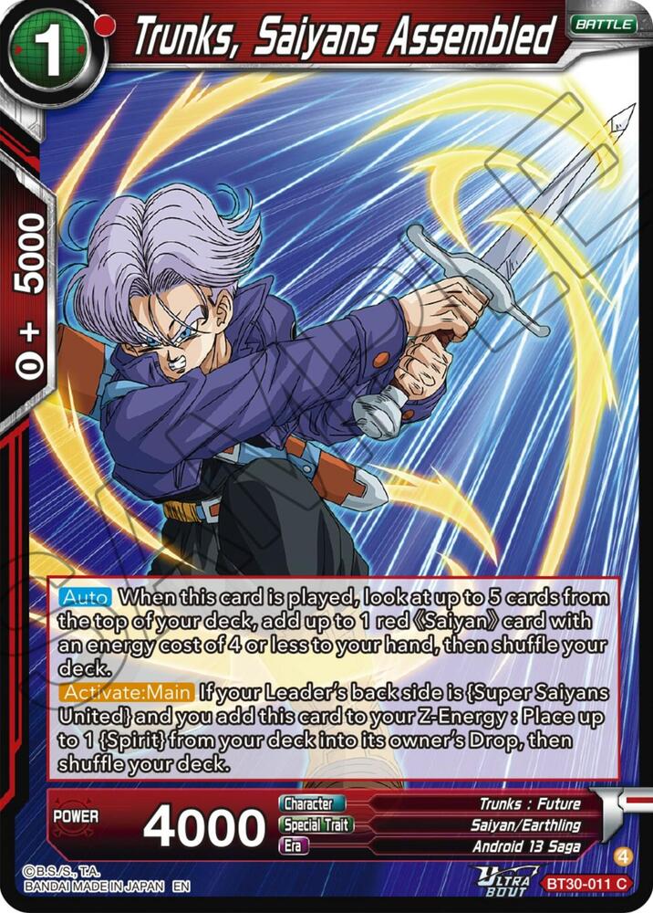 Trunks, Saiyans Assembled BT30-011 card from Three Glorious Fighters