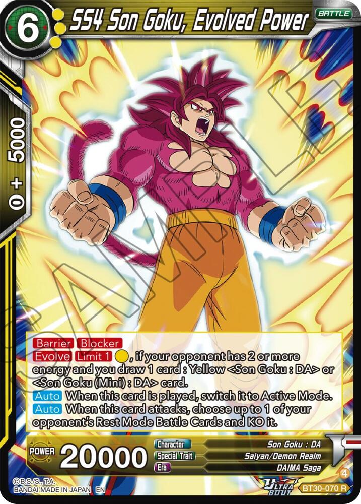 SS4 Son Goku, Evolved Power BT30-070 card from Three Glorious Fighters