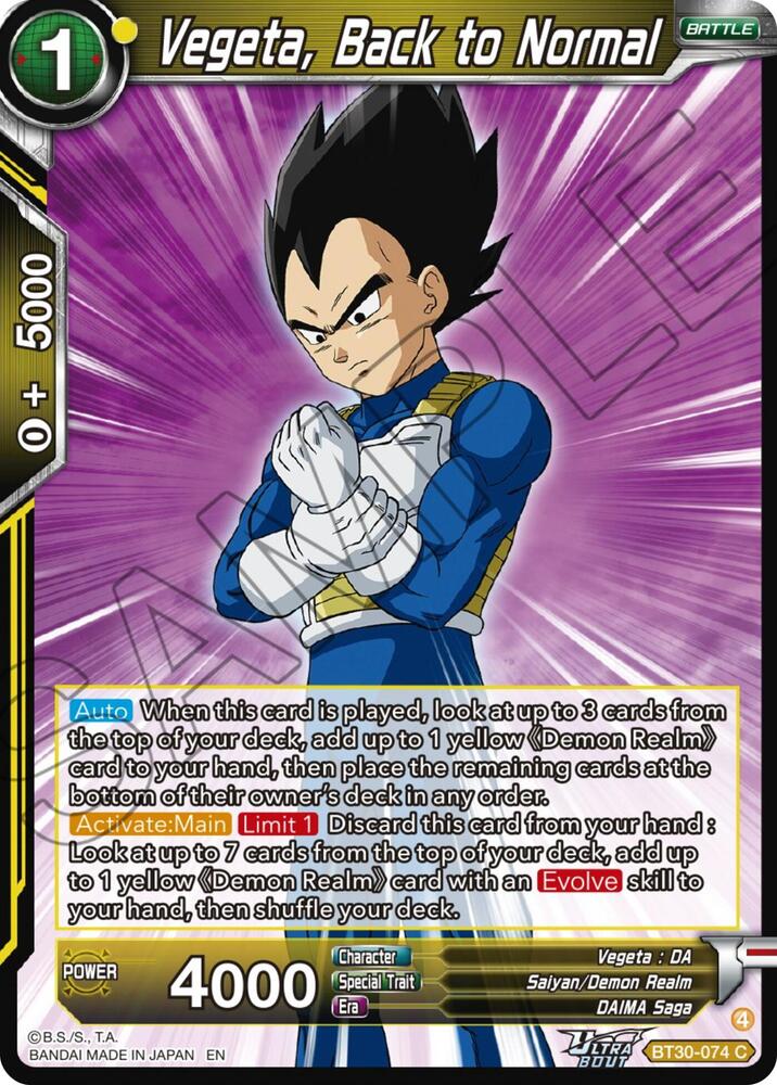 Vegeta, Back to Normal BT30-074 card from Three Glorious Fighters