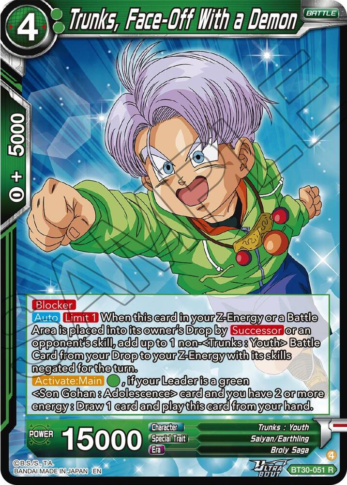 Trunks, Face-Off With a Demon BT30-051 card from Three Glorious Fighters