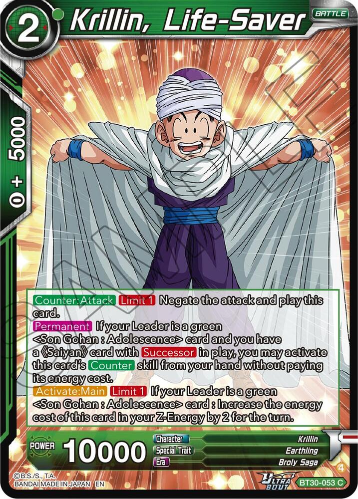 Krillin, Life-Saver BT30-053 card from Three Glorious Fighters