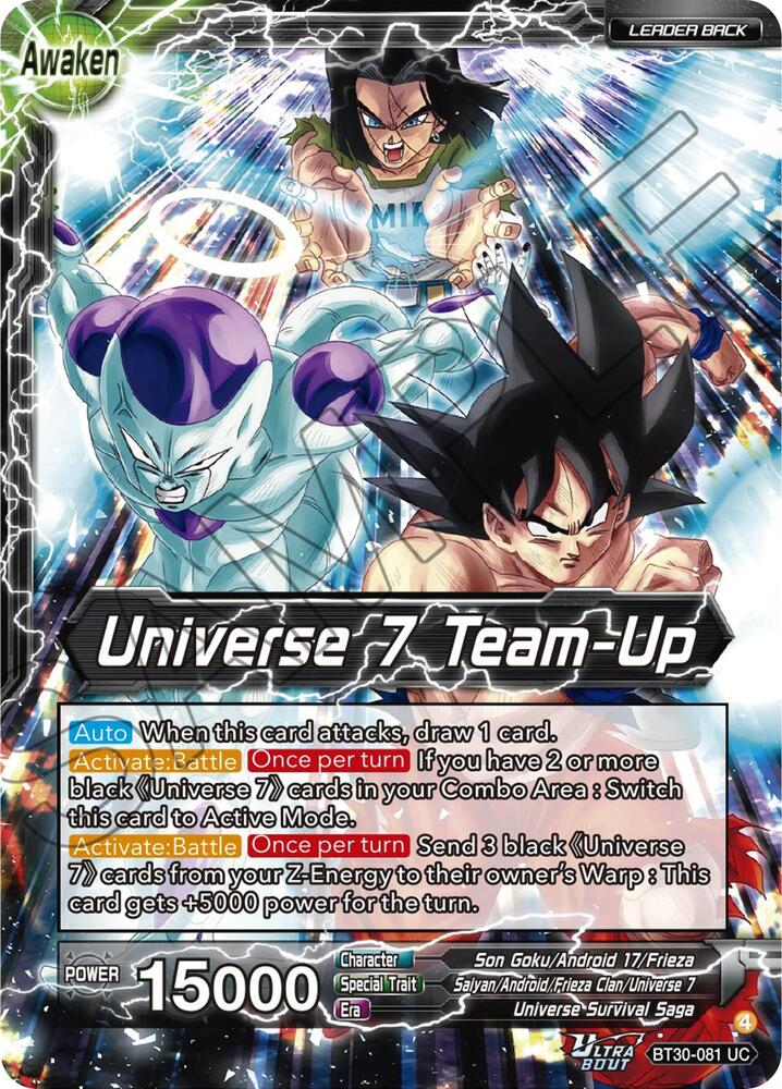Son Goku, Android 17, & Frieza // Universe 7 Team-Up BT30-081 card from Three Glorious Fighters