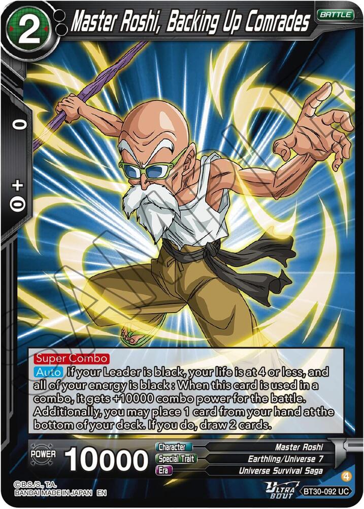 Master Roshi, Backing Up Comrades BT30-092 card from Three Glorious Fighters