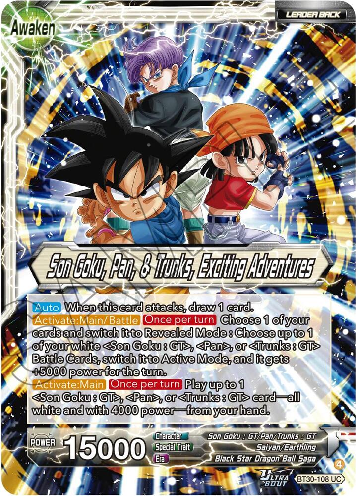 Son Goku, Pan, & Trunks // Son Goku, Pan, & Trunks, Exciting Adventures BT30-108 card from Three Glorious Fighters