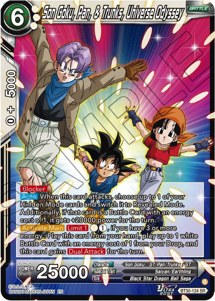 Son Goku, Pan, & Trunks, Universe Odyssey BT30-124 card from Three Glorious Fighters