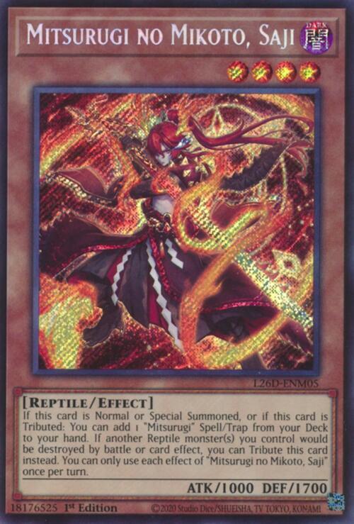 Mitsurugi no Mikoto, Saji (Secret Rare) L26D-ENM05 card from Legendary Modern Decks 2026