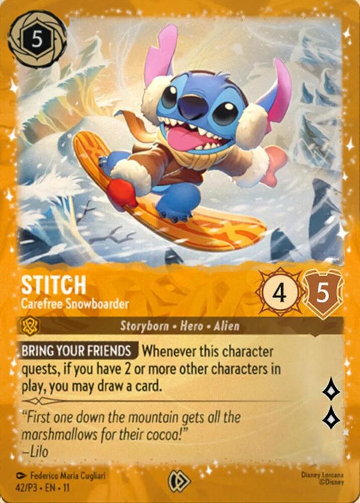 Stitch - Carefree Snowboarder 42 card from Disney Lorcana Promo Cards
