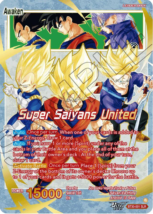 Son Goku, Vegeta, & Trunks // Super Saiyans United (SLR) BT30-001 card from Three Glorious Fighters