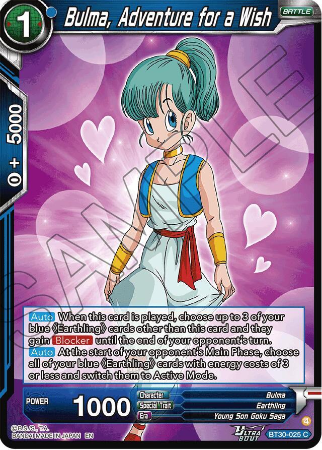 Bulma, Adventure for a Wish BT30-025 card from Three Glorious Fighters