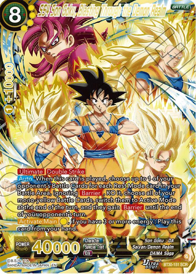 SS4 Son Goku, Blasting Through the Demon Realm (SCR) BT30-151 card from Three Glorious Fighters