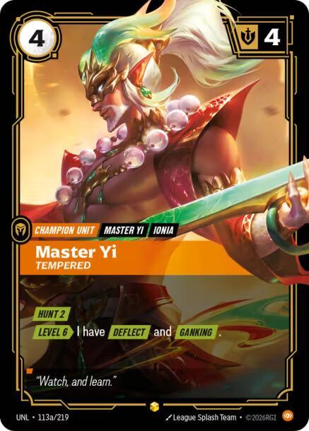 Master Yi - Tempered (Alternate Art) 113a/219 card from Unleashed