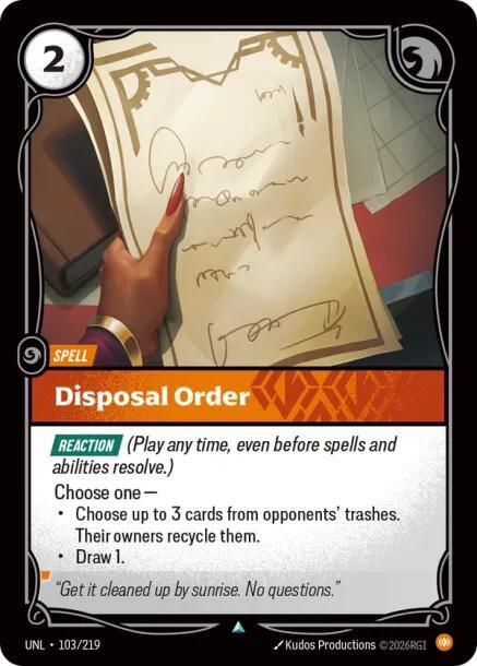 Disposal Order 103/219 card from Unleashed