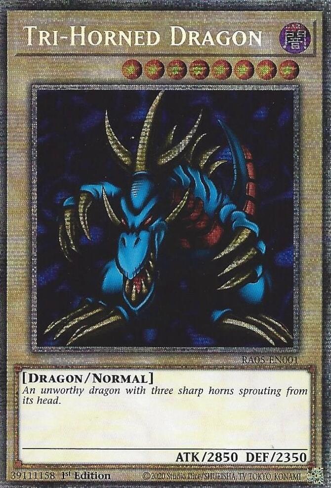Tri-Horned Dragon RA05-EN001 card from Rarity Collection 5