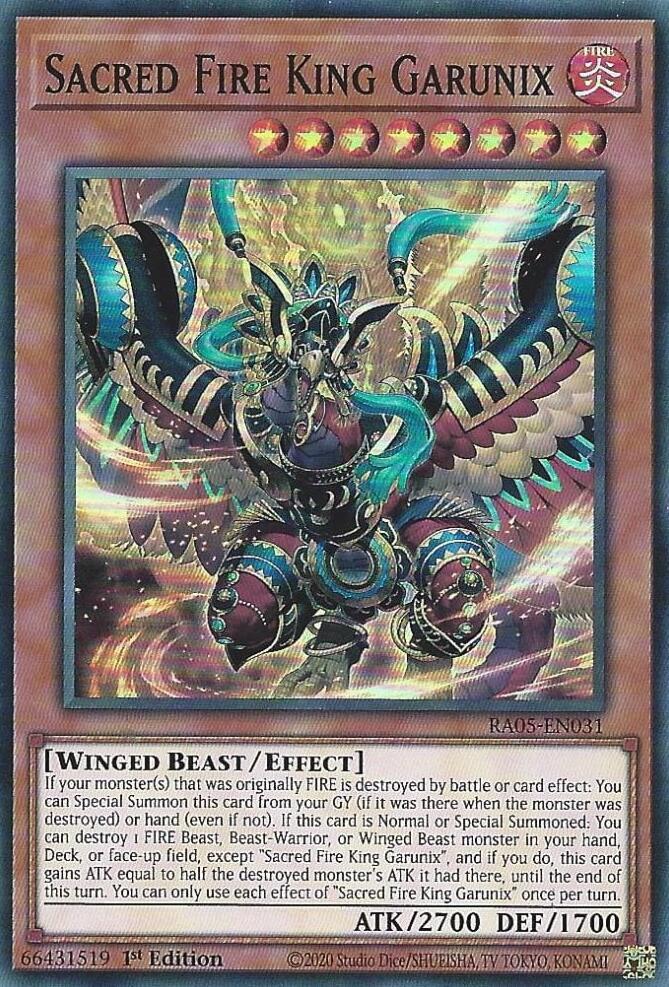 Sacred Fire King Garunix RA05-EN031 card from Rarity Collection 5