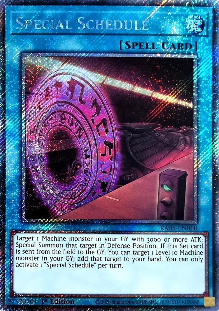 Special Schedule (Platinum Secret Rare) RA05-EN060 card from Rarity Collection 5