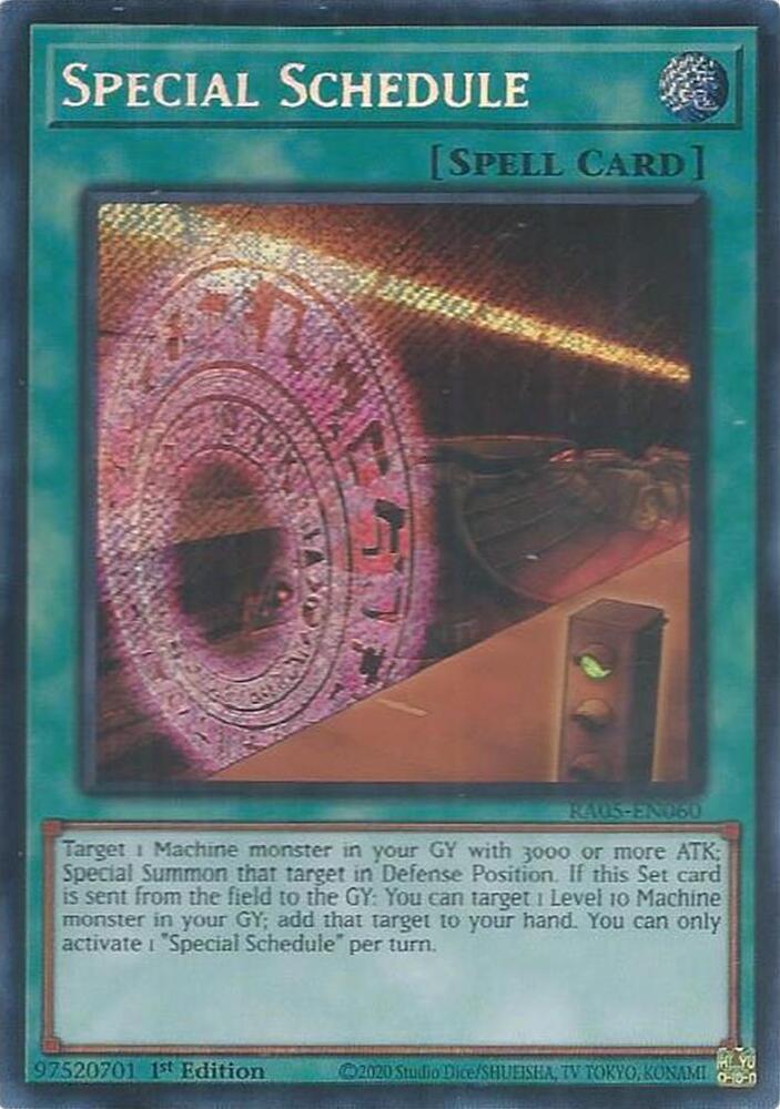 Special Schedule (Secret Rare) RA05-EN060 card from Rarity Collection 5