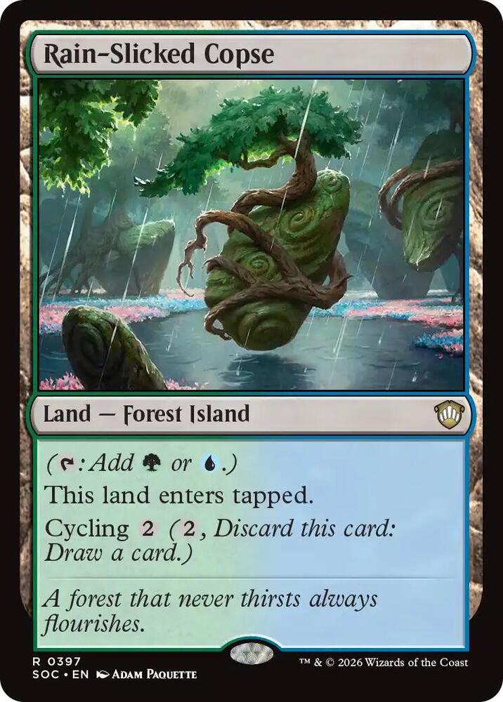 Rain-Slicked Copse 397 card from Commander: Secrets of Strixhaven