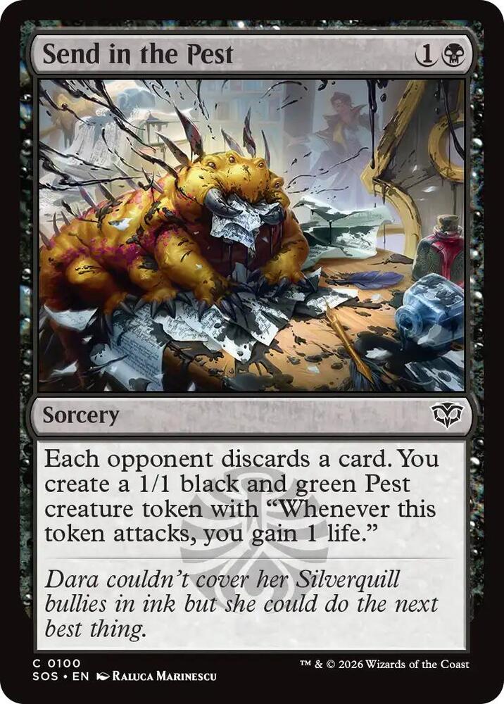 Send in the Pest 100 card from Secrets of Strixhaven