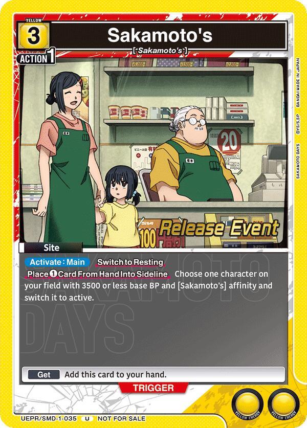 Sakamoto's UE19BT/SMD-1-035 card from UE19BT: SAKAMOTO DAYS Release Event Cards