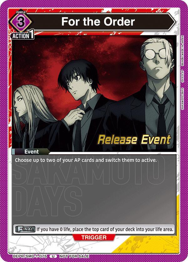 For the Order UE19BT/SMD-1-075 card from UE19BT: SAKAMOTO DAYS Release Event Cards