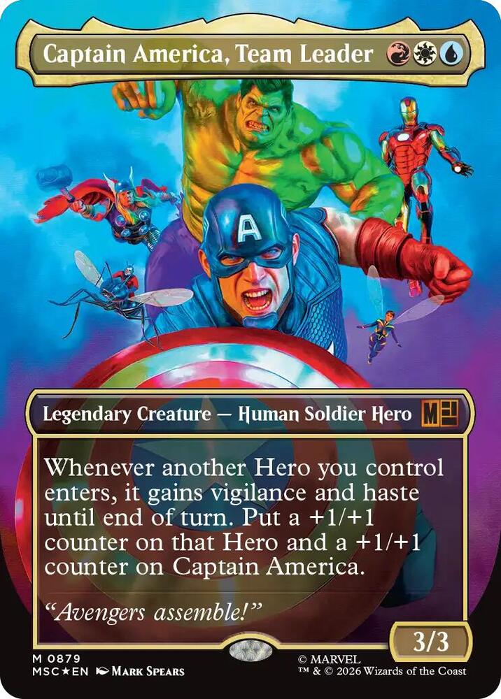 Captain America, Team Leader (Borderless) (Surge Foil) 879 card from Commander: Marvel Super Heroes