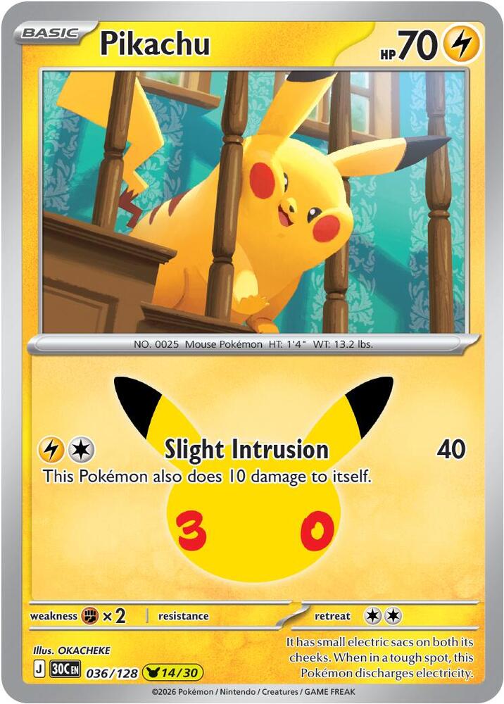 Pikachu 036/128 card from ME: 30th Celebration