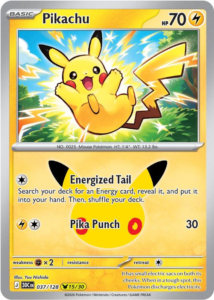 Pikachu 037/128 card from ME: 30th Celebration