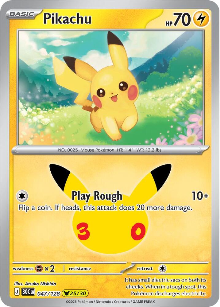 Pikachu 047/128 card from ME: 30th Celebration