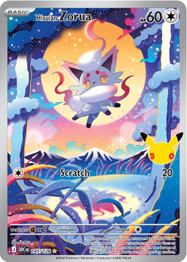 Hisuian Zorua 145/128 card from ME: 30th Celebration