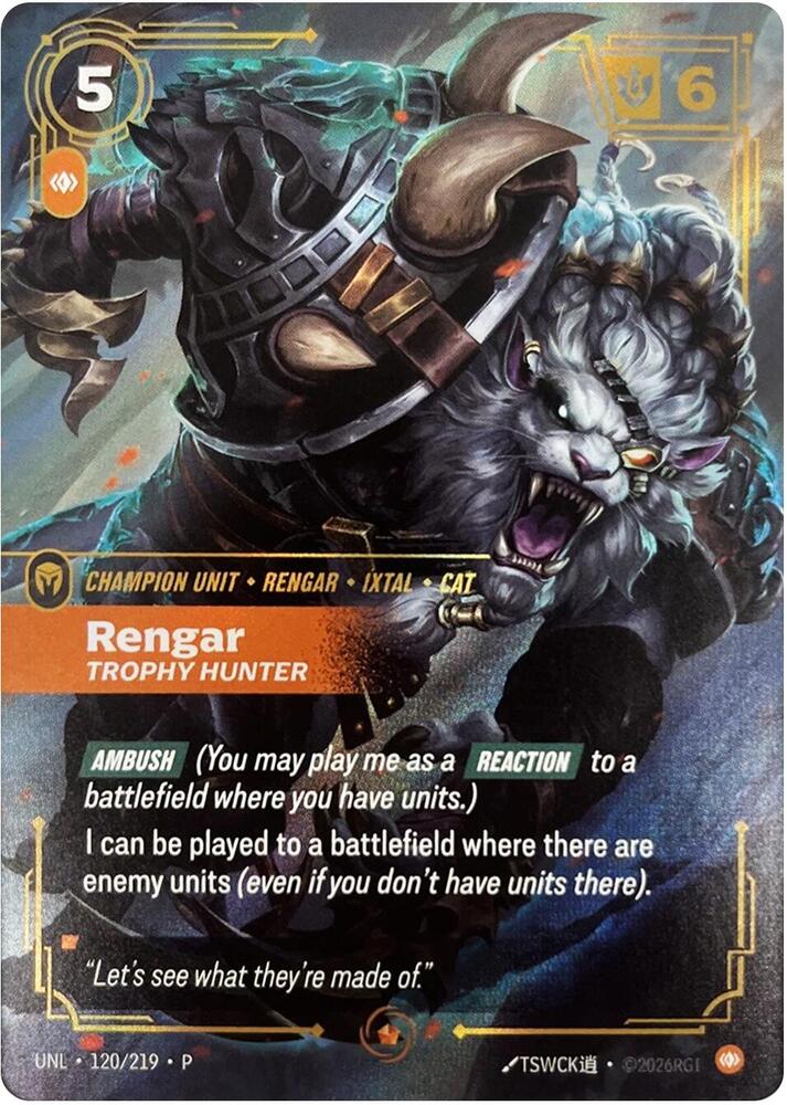 Rengar - Trophy Hunter 120/219 card from Riftbound Organized Play Promotional Cards