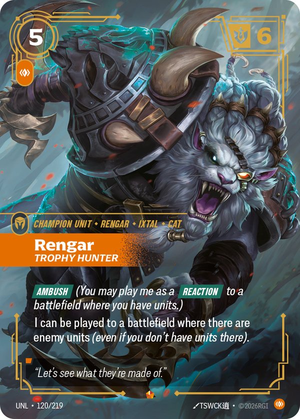 Rengar - Trophy Hunter (Champion) 120/219 card from Riftbound Organized Play Promotional Cards