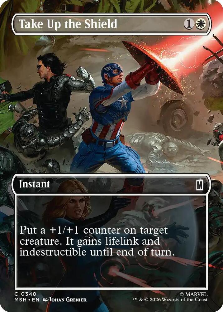 Take Up the Shield (Borderless) 348 card from Marvel Super Heroes