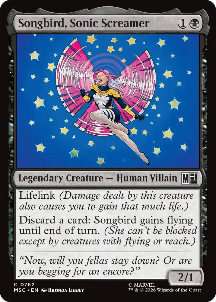 Songbird, Sonic Screamer 762 card from Commander: Marvel Super Heroes