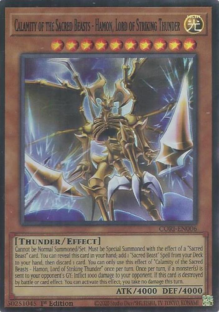 Calamity of the Sacred Beasts - Hamon, Lord of Striking Thunder CORI-EN006 card from Chaos Origins