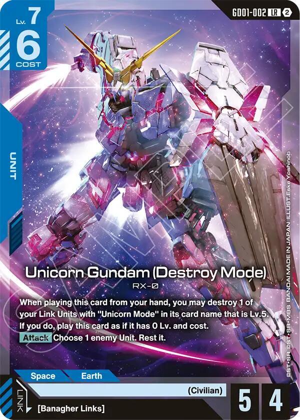 Unicorn Gundam (Destroy Mode) GD01-002 card from Deck Build Box Freedom Ascension