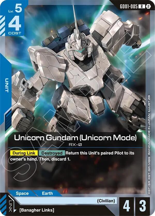 Unicorn Gundam (Unicorn Mode) GD01-005 card from Deck Build Box Freedom Ascension