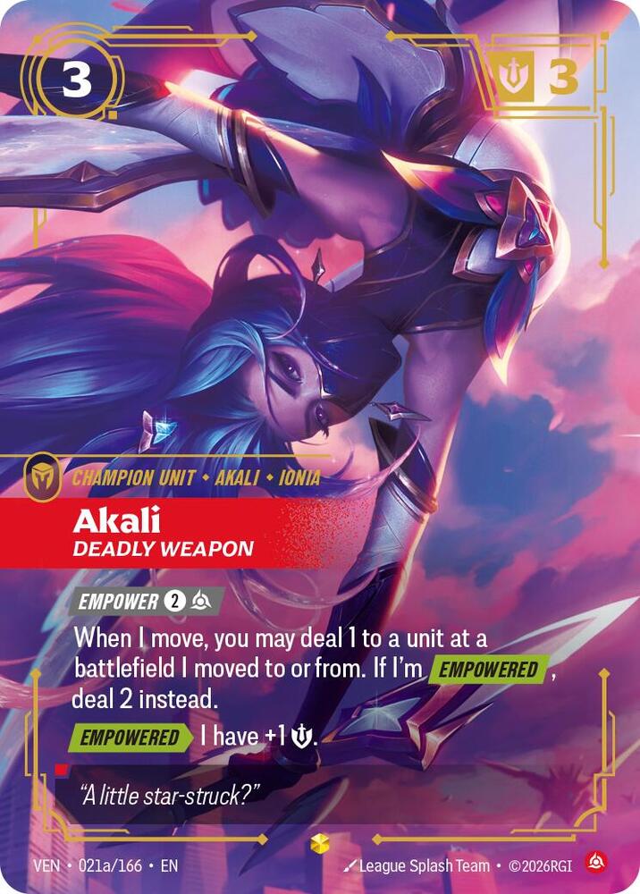 Akali, Deadly Weapon (Alternate Art) 021a/166 card from Vendetta