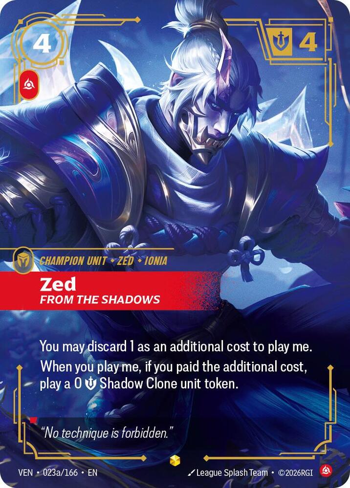Zed, From the Shadows (Alternate Art) 023a/166 card from Vendetta