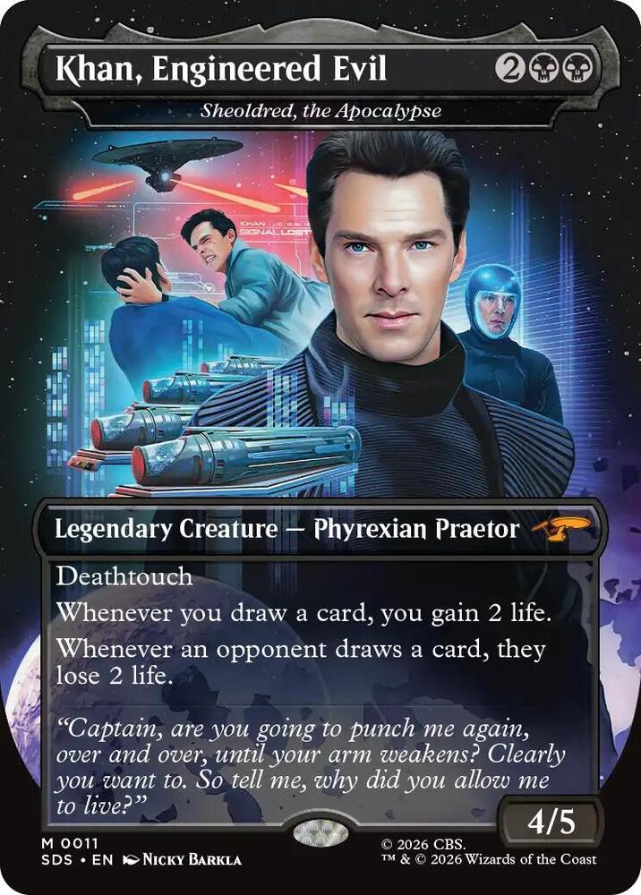 Khan, Engineered Evil - Sheoldred, the Apocalypse (Borderless) 11 card from Star Trek: Stardates