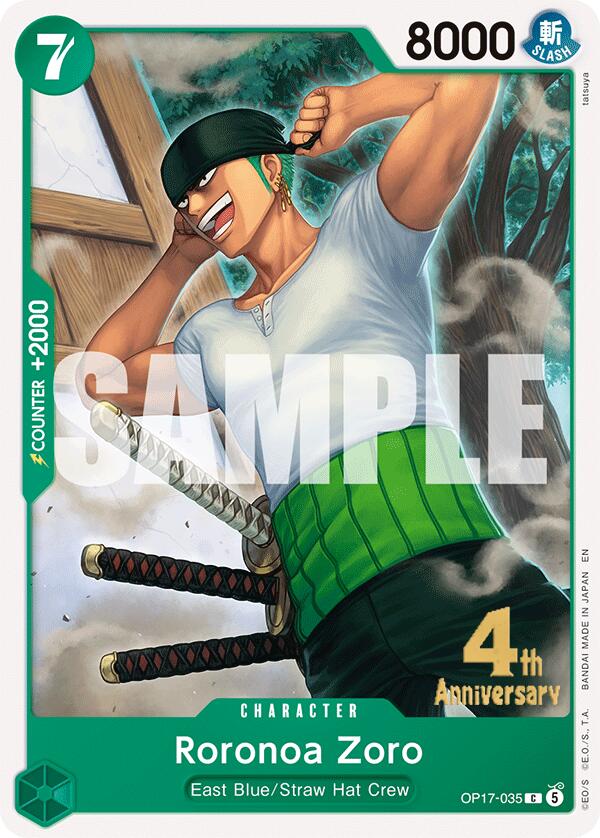 Roronoa Zoro OP17-035 card from The World's Strongest Warriors Release Event Cards