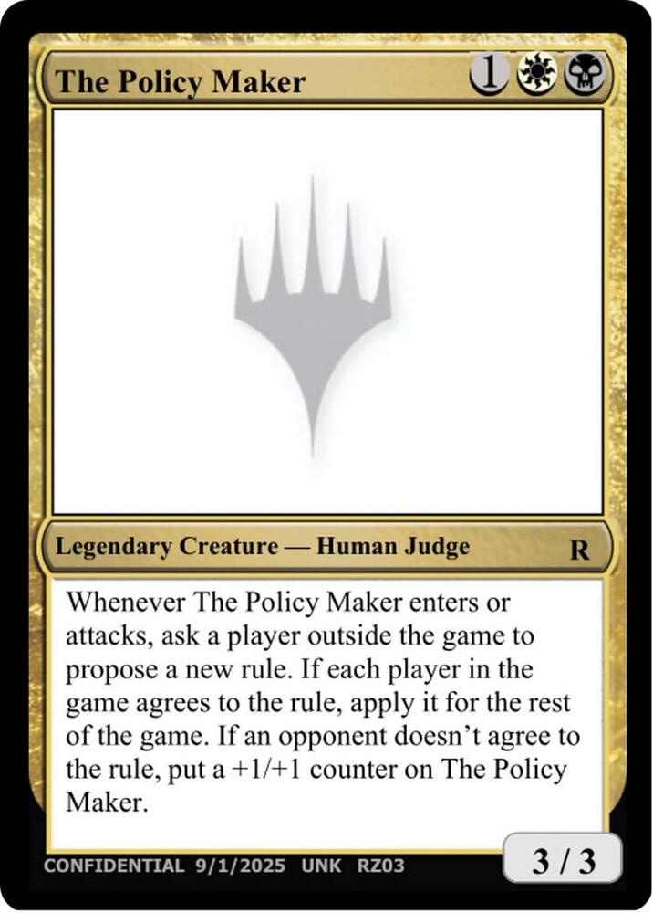 The Policy Maker card from Un-Known Event Playtest Cards