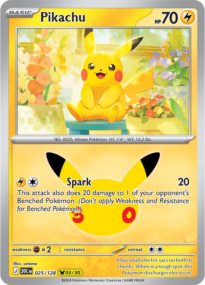 Pikachu 025/128 card from ME: 30th Celebration