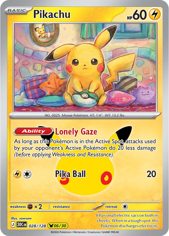 Pikachu 028/128 card from ME: 30th Celebration