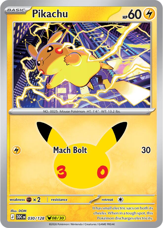 Pikachu 030/128 card from ME: 30th Celebration