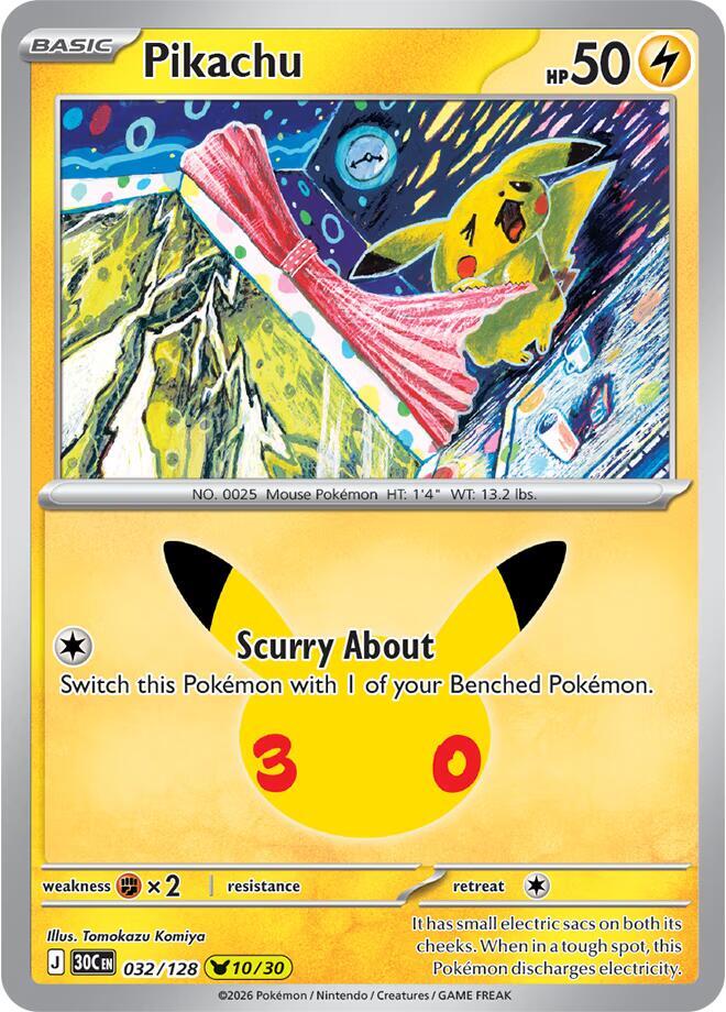 Pikachu 032/128 card from ME: 30th Celebration