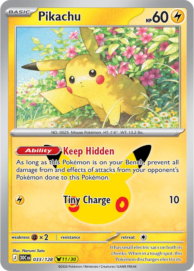 Pikachu 033/128 card from ME: 30th Celebration